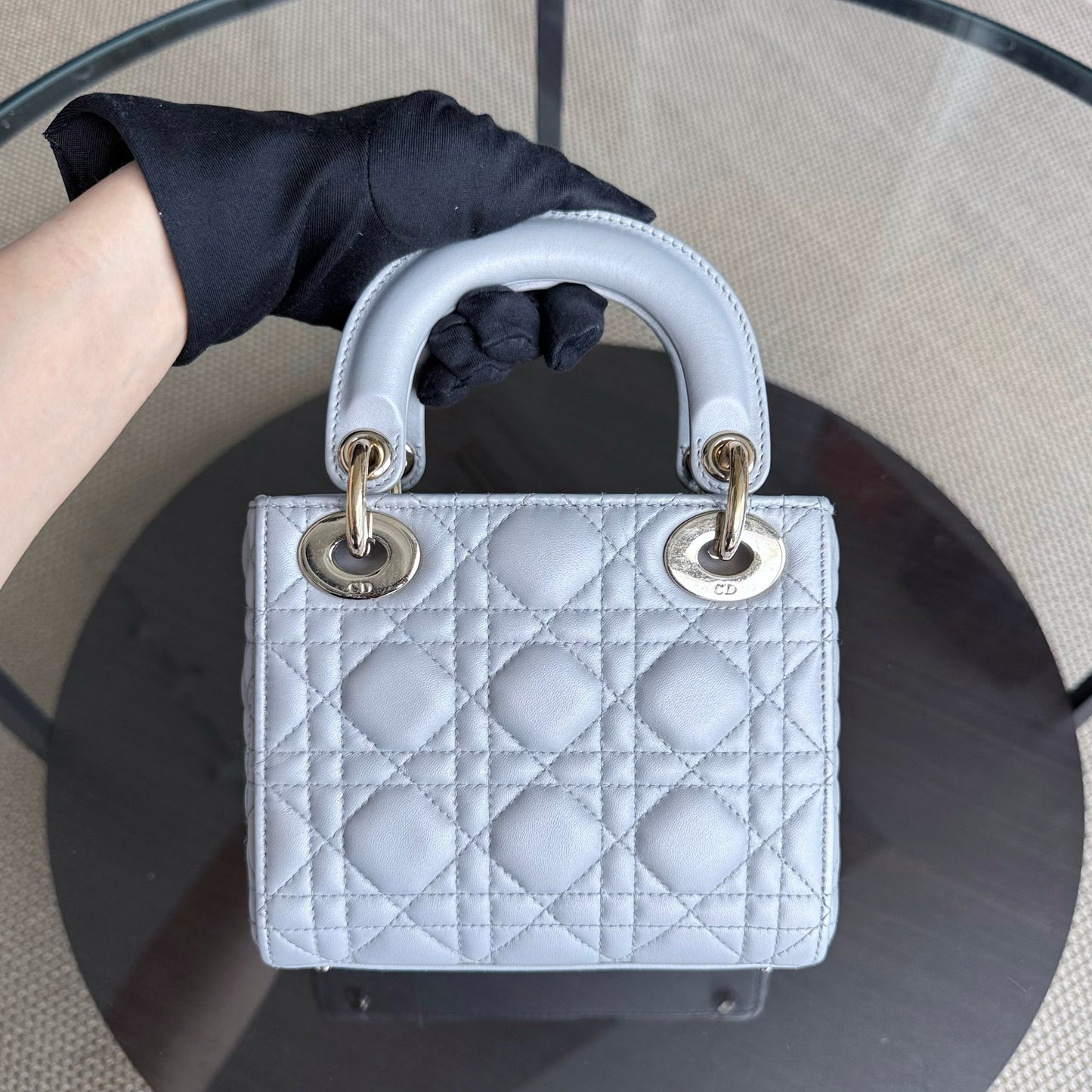 Dior Lady Mini - Cannage Lambskin Grey Gray Gold Hardware Chain Strap