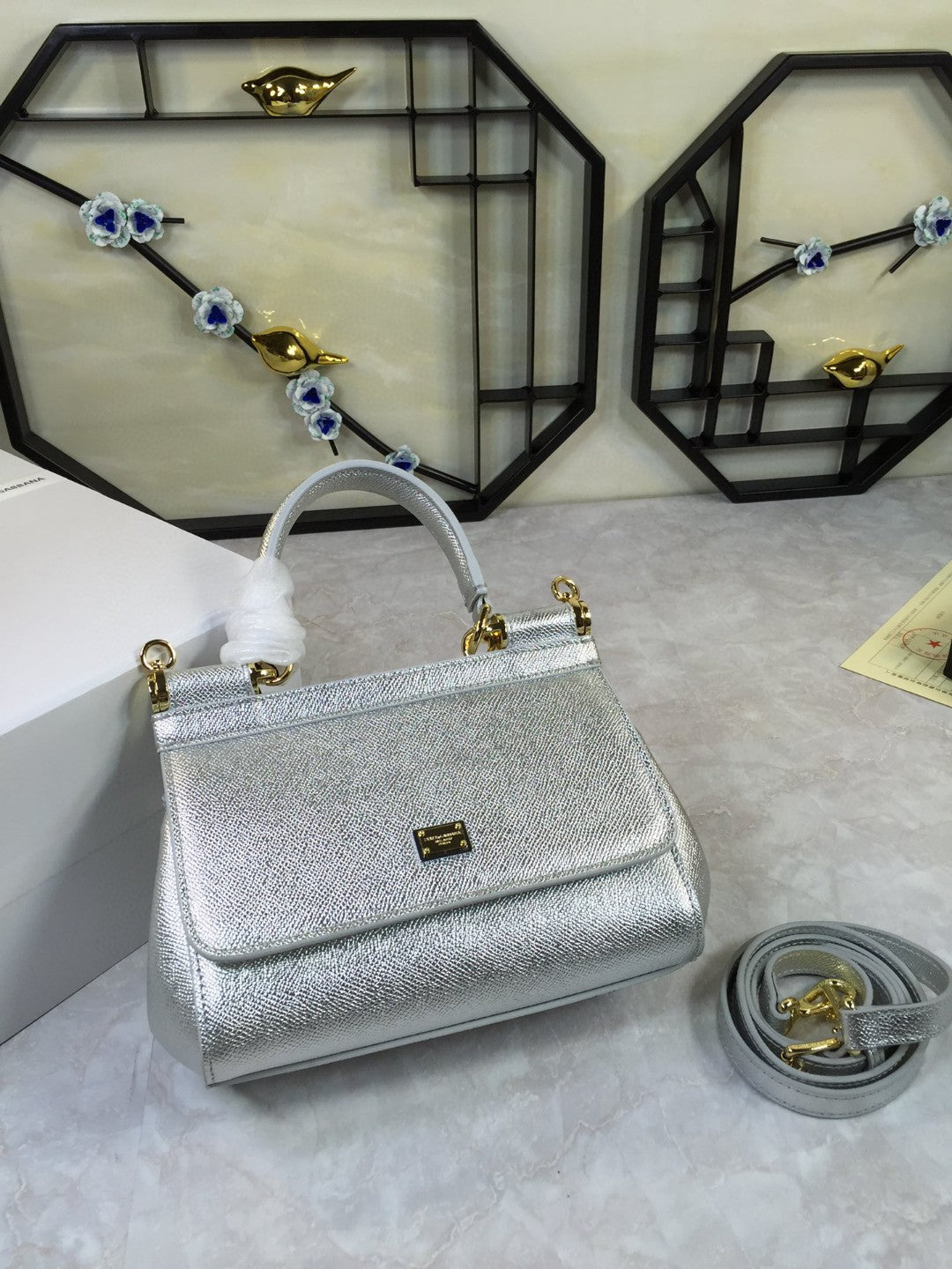 Top Quality MeTop Qualityum Sicily Handbag In Dauphine Silver For Women 10.2in/26cm Top Quality