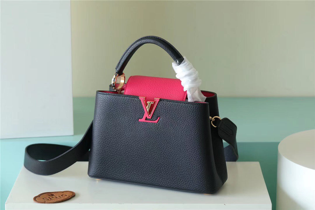 Top Quality Capucines BB Taurillon Black/ Rose Berlingot For Women, Womens Bags, Shoulder And Crossbody Bags 10.6in/27cm Top Quality