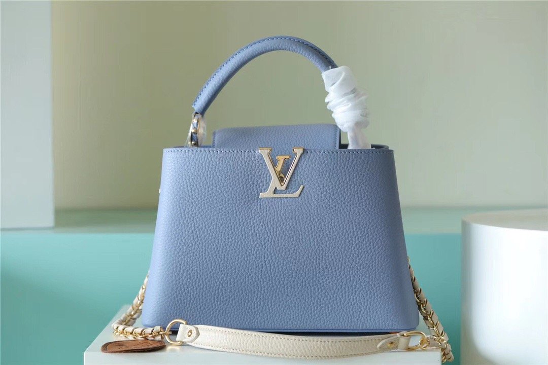 Top Quality Capucines BB Taurillon Light Blue/ Beige For Women, Womens Bags, Shoulder And Crossbody Bags 10.6in/27cm Top Quality