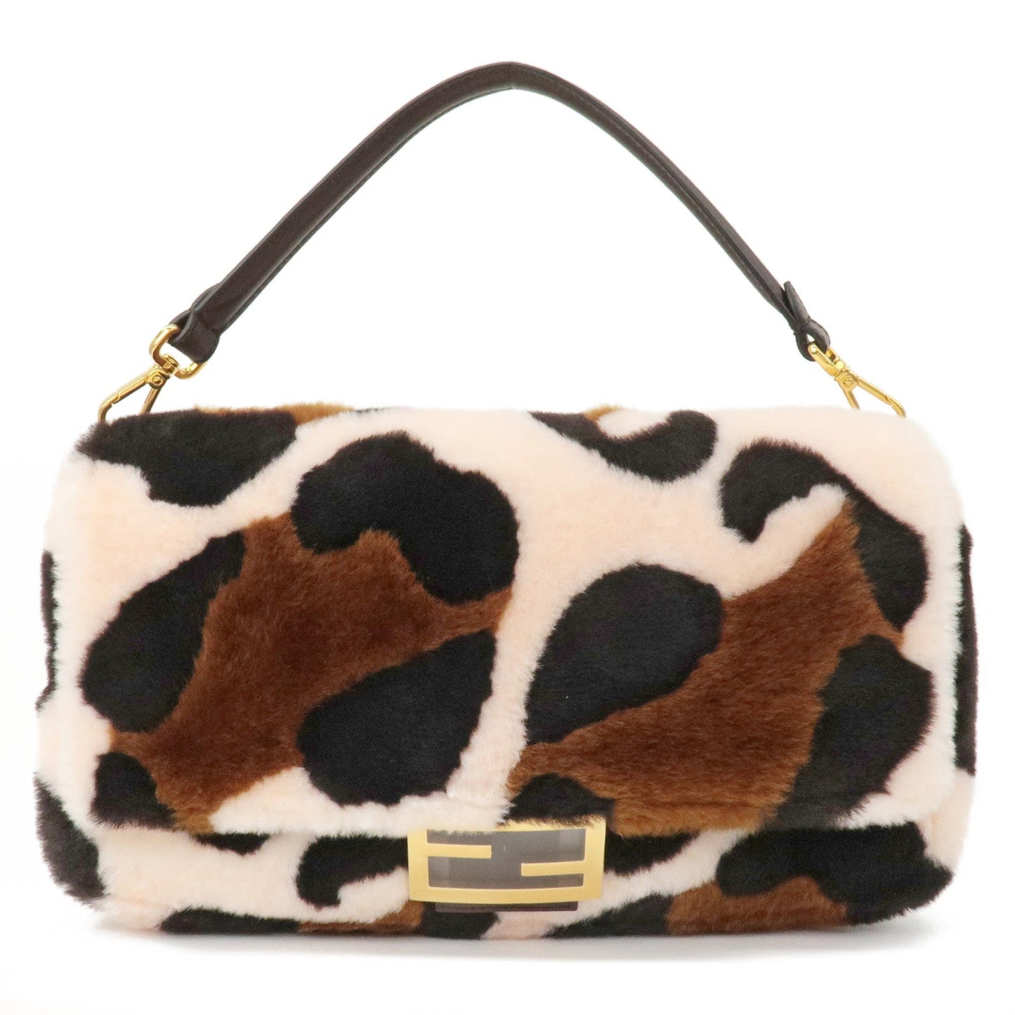FENDI Fur Leather Baguette Large 2WAY Bag Animal Pattern 8BR771