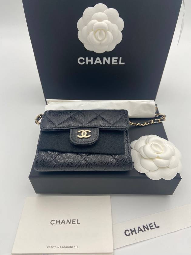 CC Logo Caviar Chain Flap Card Wallet Black Chanel