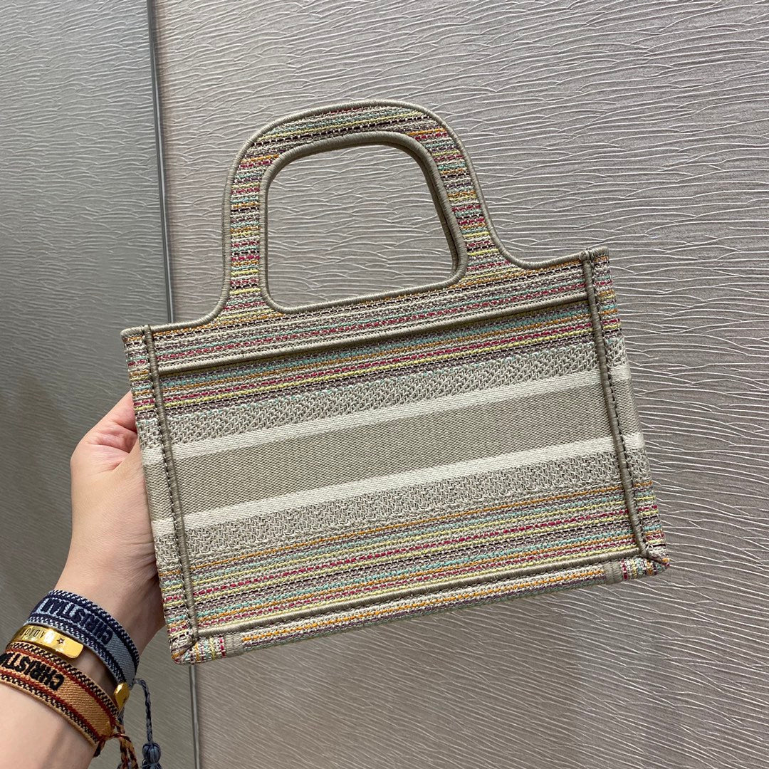 Top Quality Small Book Tote Bag Canvas Stripes Embroidery For Women 23cm/9in CD