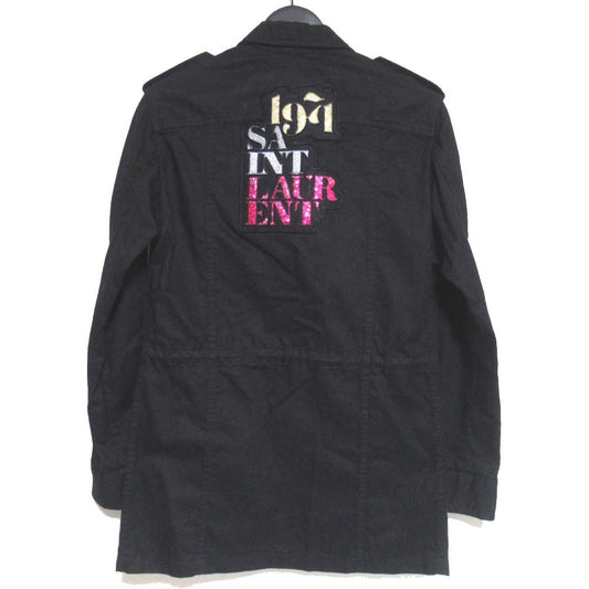 Saint Laurent Paris Embroidery Glitter Logo Patch Cotton Linen Blend Military Jacket
