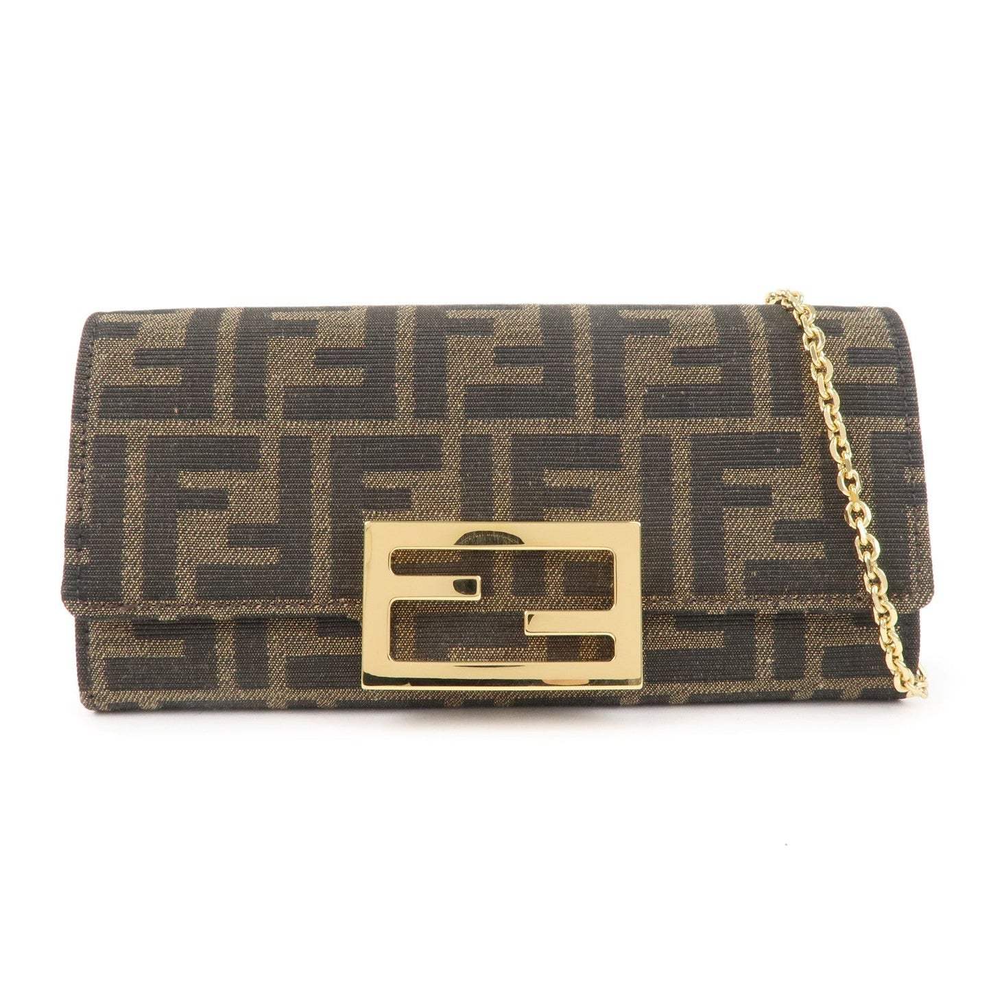 FENDI Zucca Canvas Leather Chain Wallet Khaki Black 8M0365