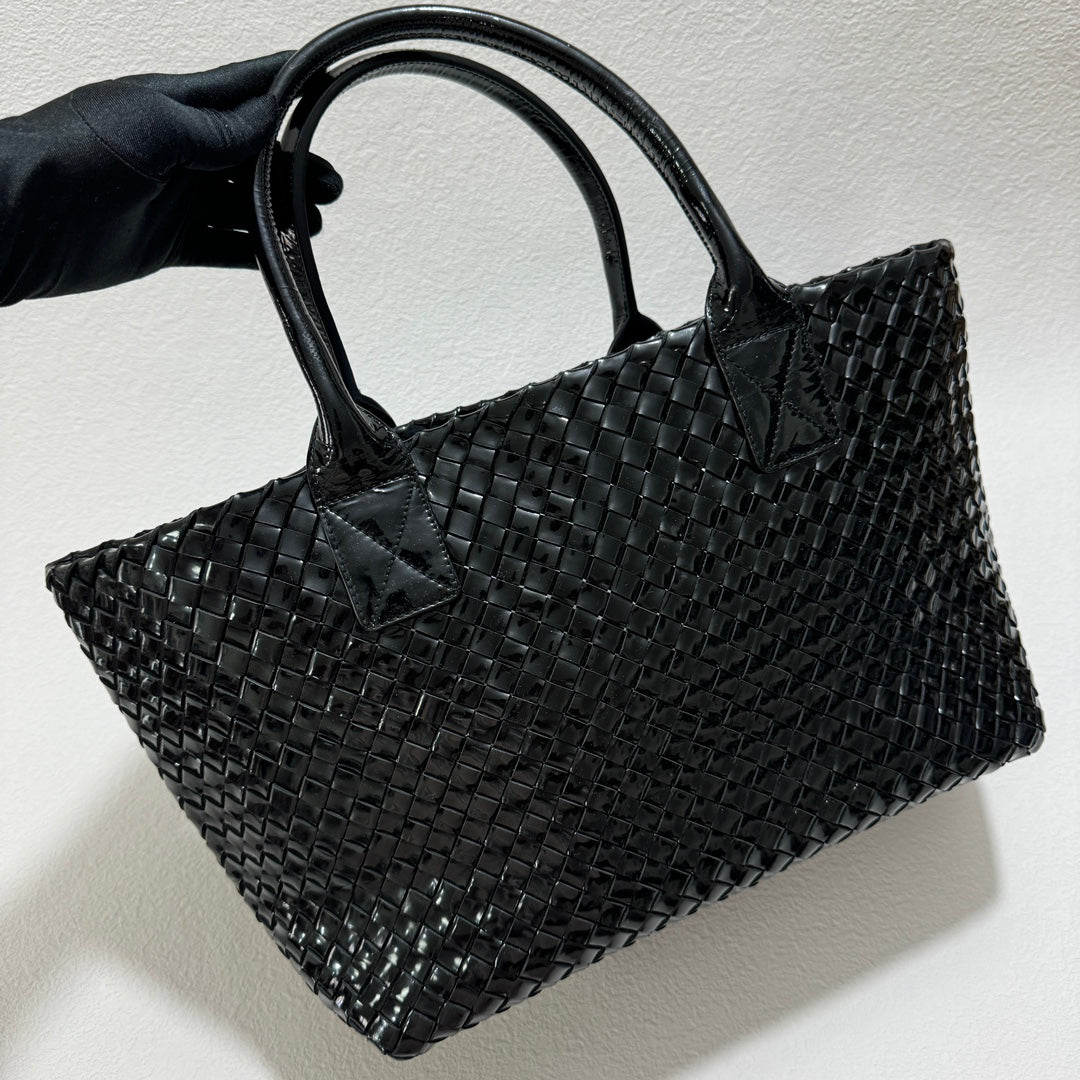 Bottega Veneta Cabat Small Intreccio Patent Leather Tote Bag Black