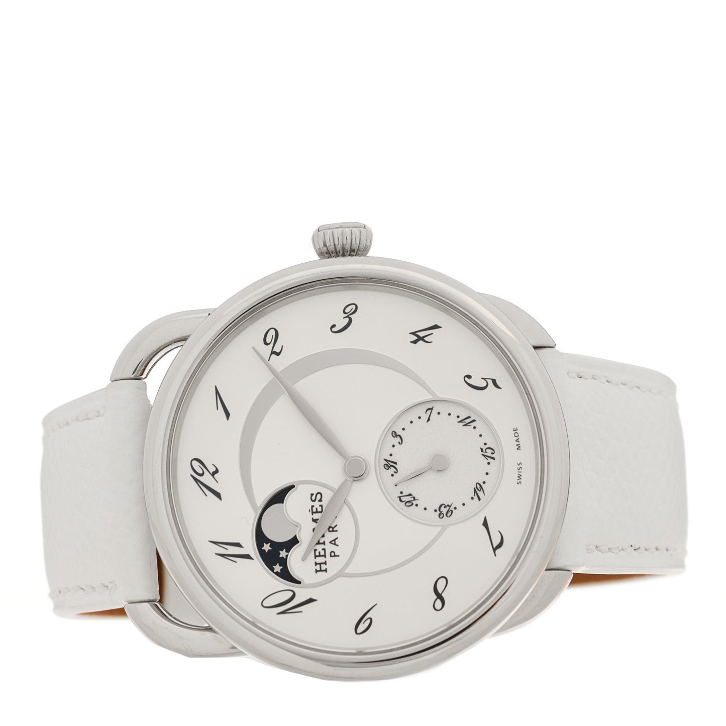 Hermes Stainless Steel Epsom 38mm Arceau Petite Lune Automatic Watch Blanc