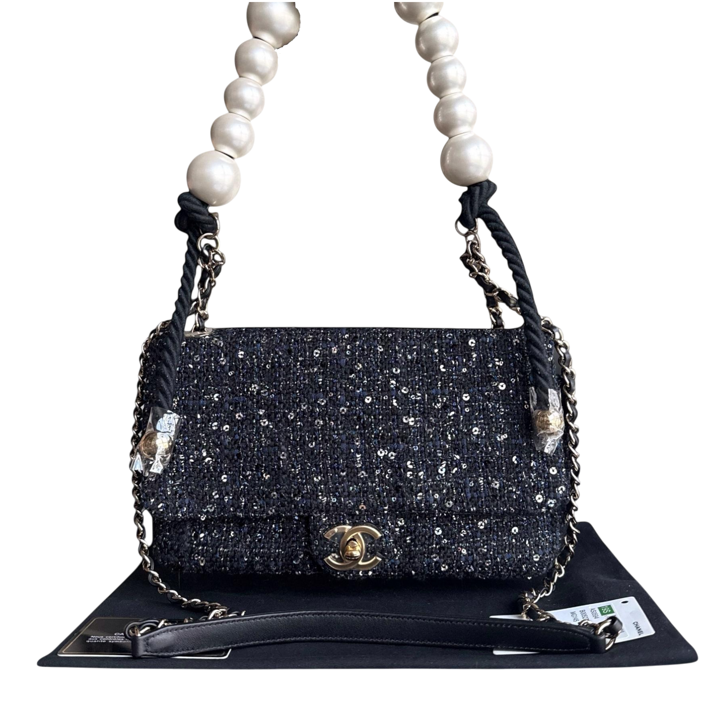 Chanel Classic Seasonal Flap Medium - Tweed Pearl Chain Black Gold Hardware Series 27