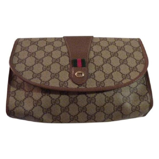 Gucci   Brown Leather Large G Logo Print Coated Canvas And Red Green Stripe