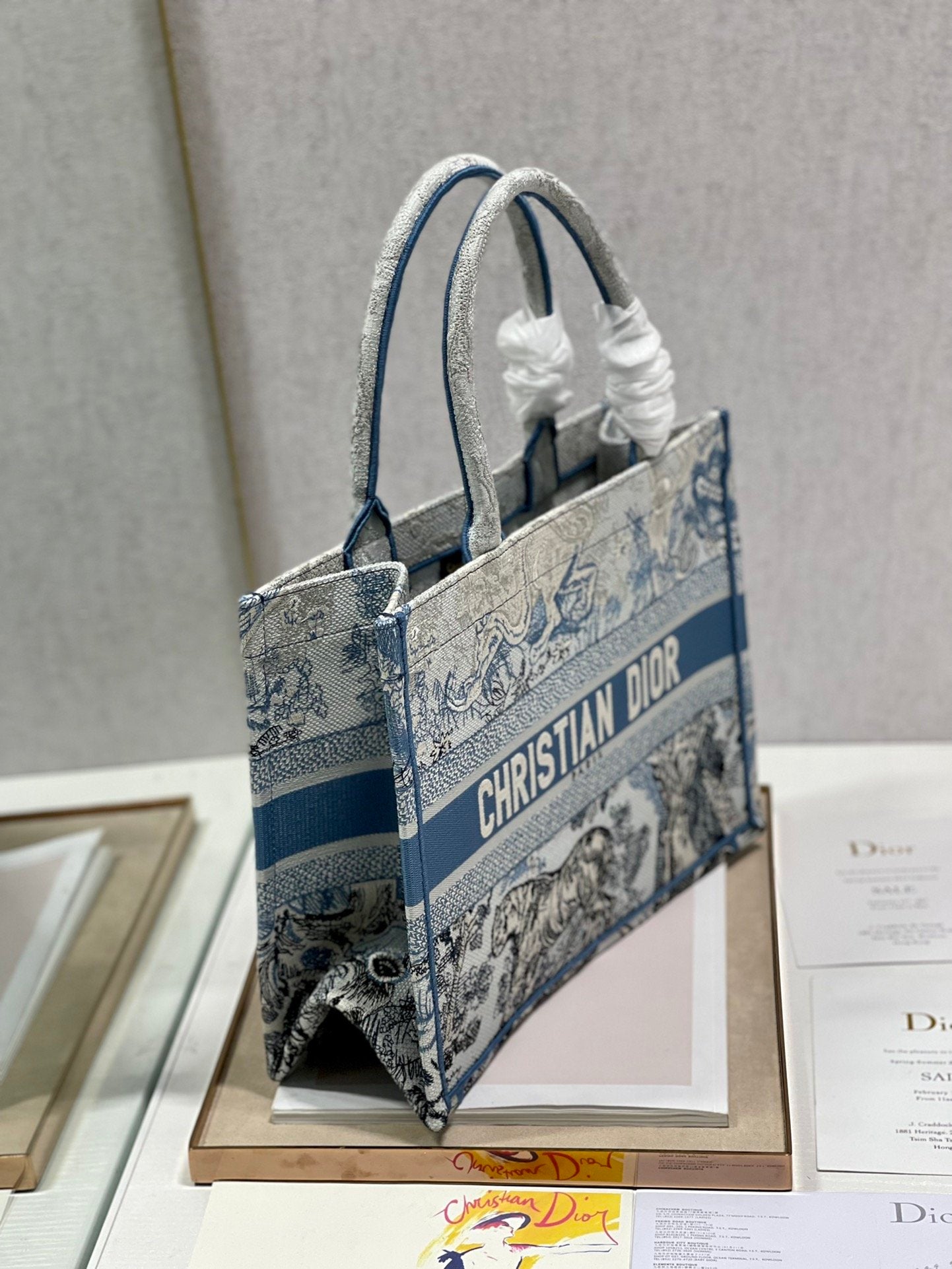 Top Quality MeTop Qualityum Book Tote Blue Toile de Jouy Reverse Embroidery, Blue, For Women Womens Handbags, Shoulder Bags, 36cm CD M1296ZRGO_M928