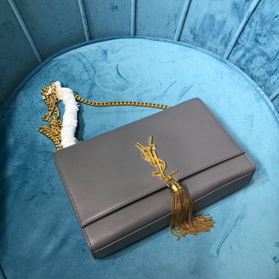 YSSL Kate Medium Chain Bag With Tassel In Grain De Poudre Grey For Women 9in/24cm YSL