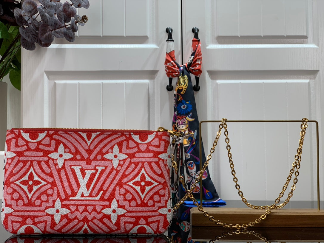 Top Quality Top Quality Crafty Double Zip Pochette Monogram Canvas Red/White For Women,  Shoulder And Crossbody Bags 7.9in/20cm Top Quality
