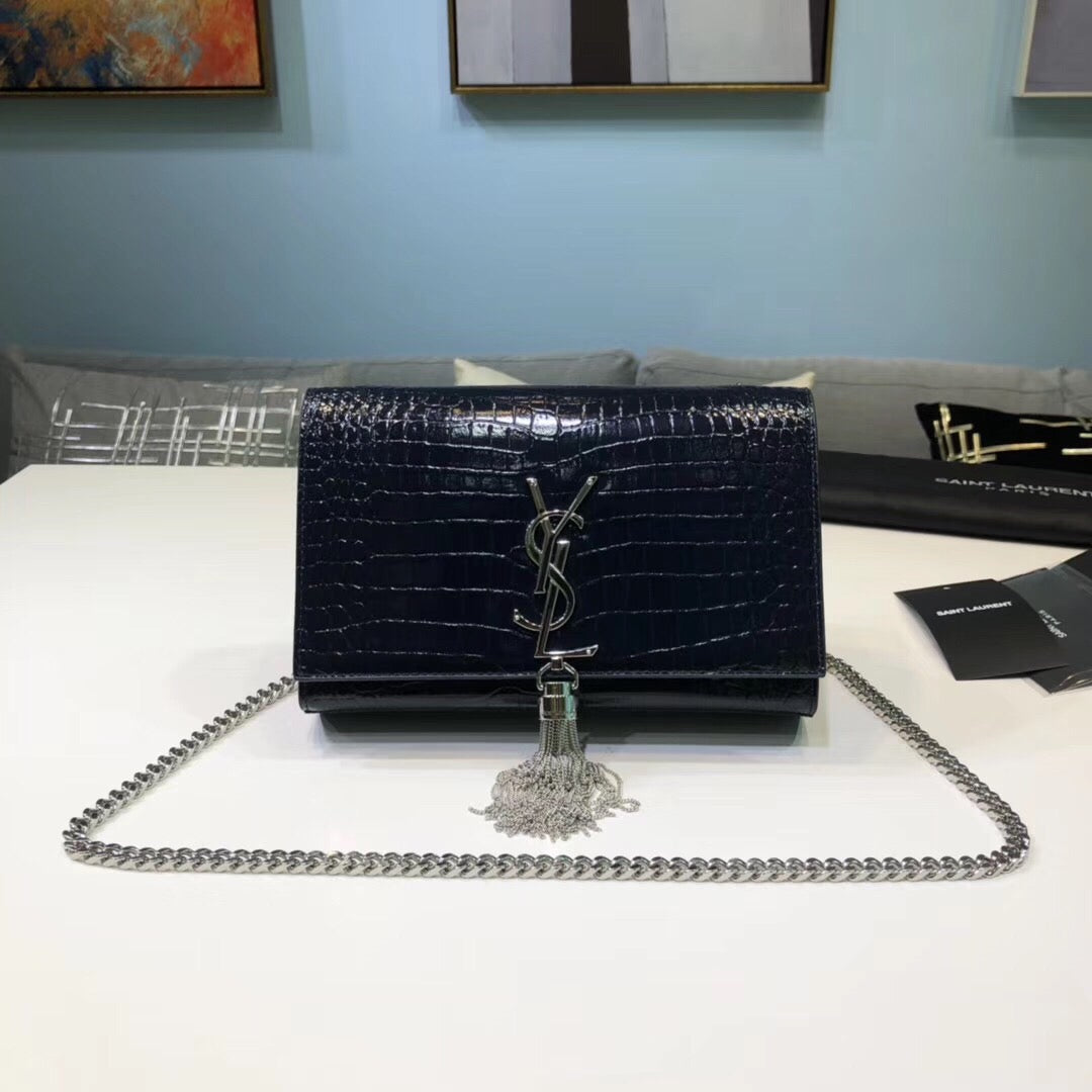 Top Quality Kate Small Chain Bag With Tassel In Embossed Black For Women 7.8in/20cm YSL 474366DND0N1000