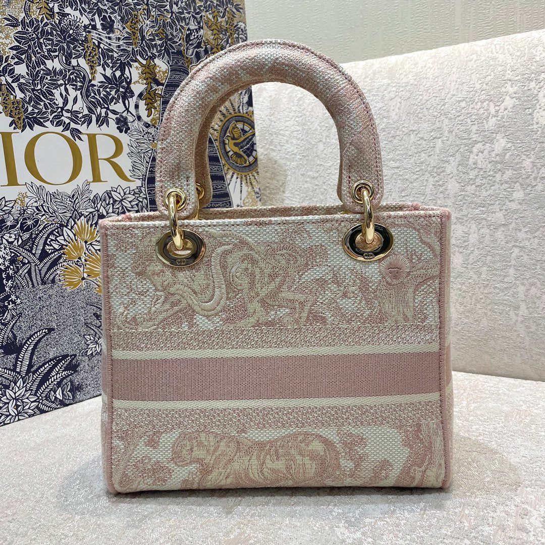 Top Quality MeTop Qualityum Lady D-Lite Bag Rose Des Vents Toile de Jouy Embroidery, Pink Handbags, 24cm CD M0565OTDT_M912