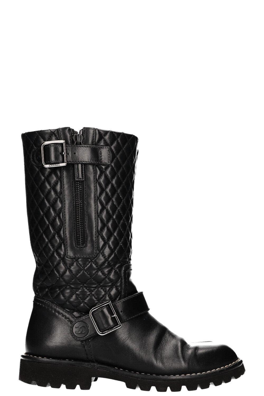 CHANEL Quilted Motorcycle Boots Black Leather