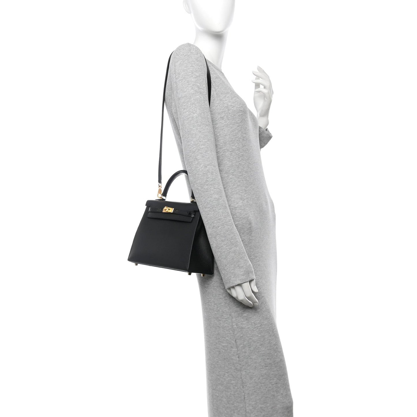 Hermes Madame Calfskin Shiny Niloticus Crocodile Kelly Sellier Touch 25 Black