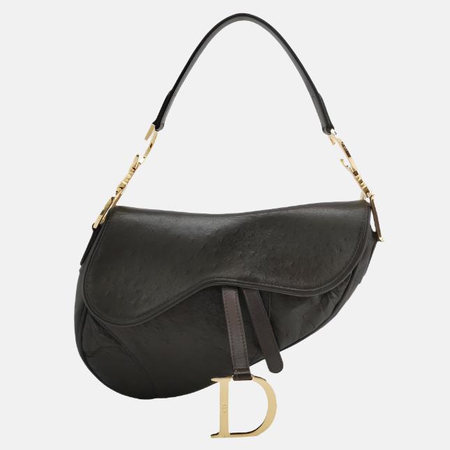 Dior Saddle   Ostrich Leather Dark Brown Shoulder Bag