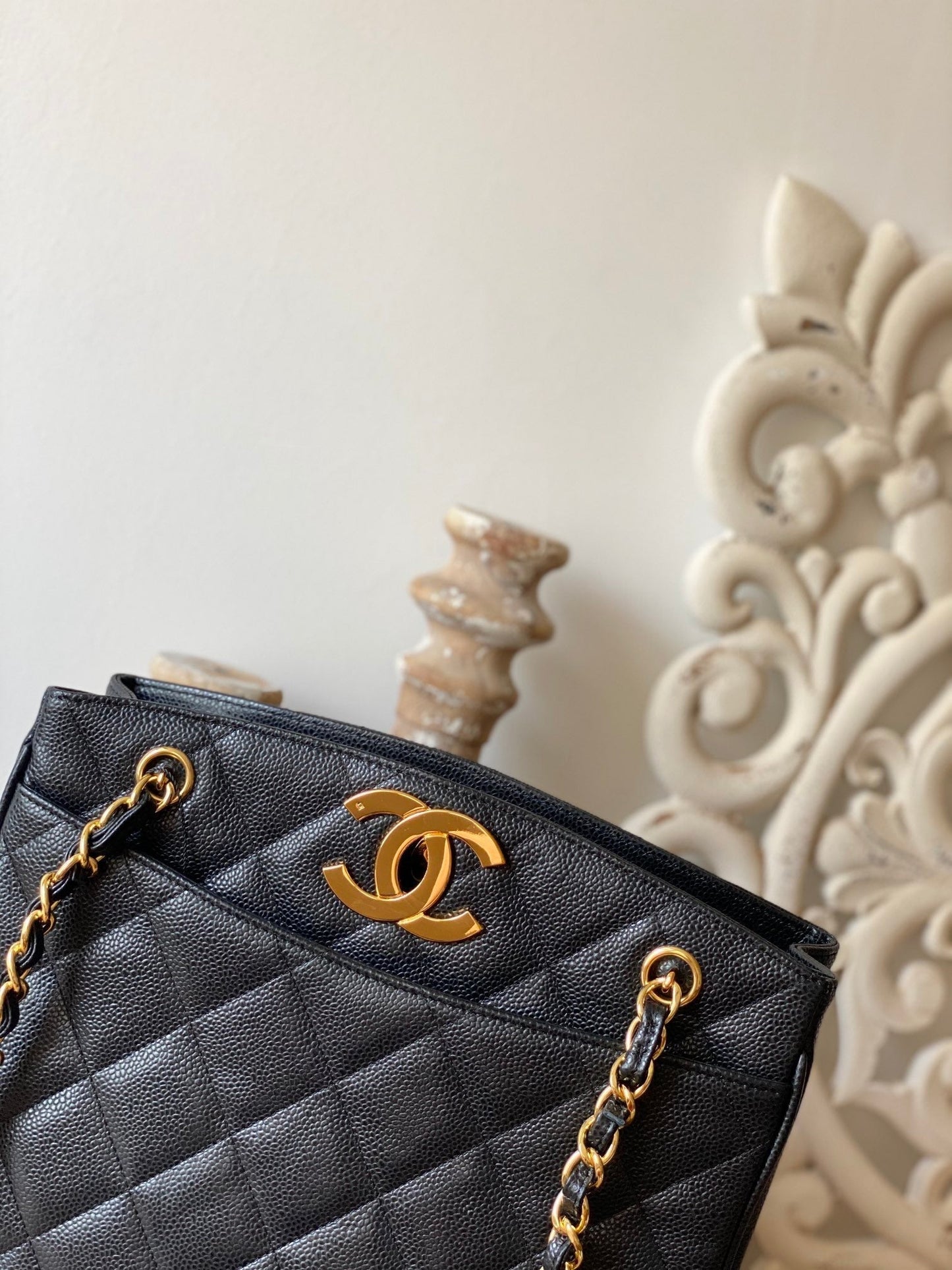 CHL Black Large Quilted Caviar Tote Bag For Women 28cm/11in