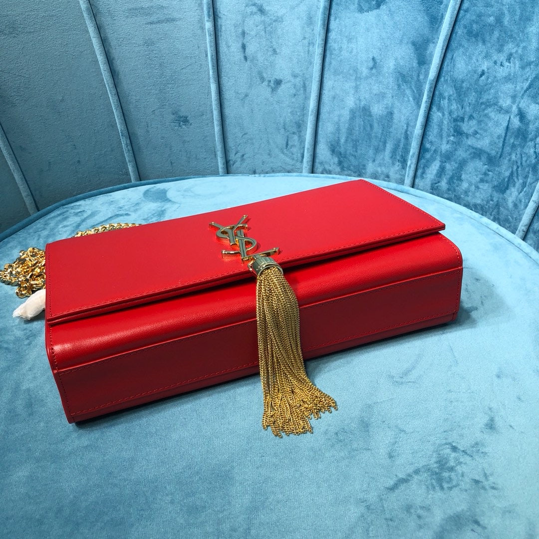 YSSL Kate Medium Chain Bag With Tassel In Grain De Poudre Red For Women 9in/24cm YSL