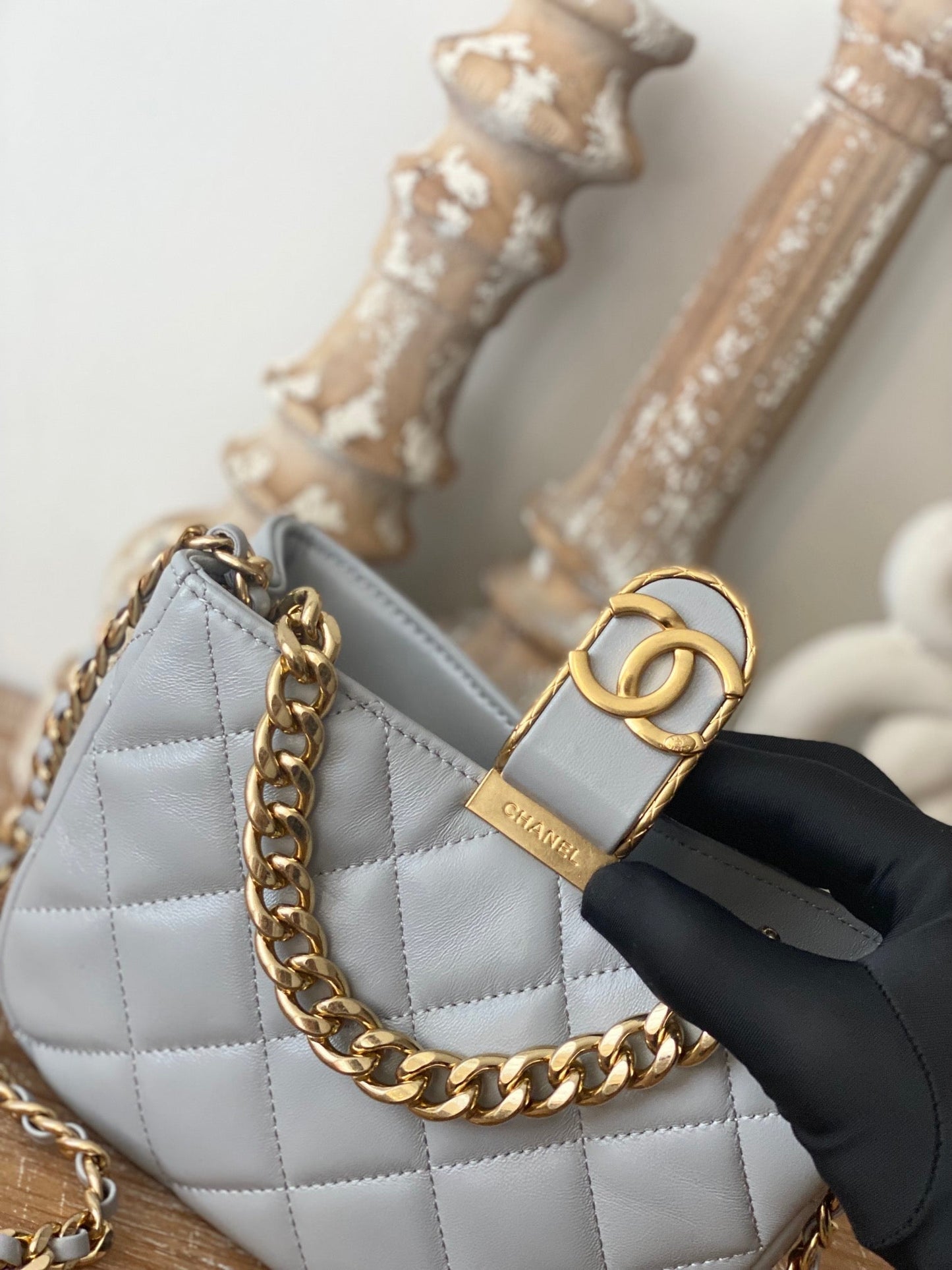 CHLSmall Hobo Bag Gold Hardware Grey For Women, Women’s Handbags, Shoulder Bags 7.5in/19cm