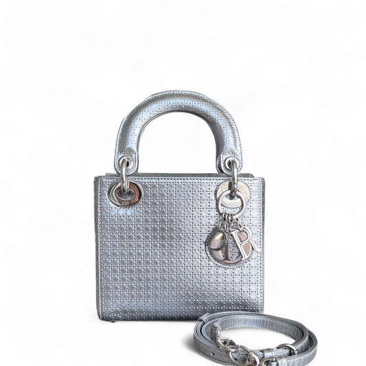 Dior Lady Mini - Micro Cannage Metallic Silver Hardware Adjustable Strap