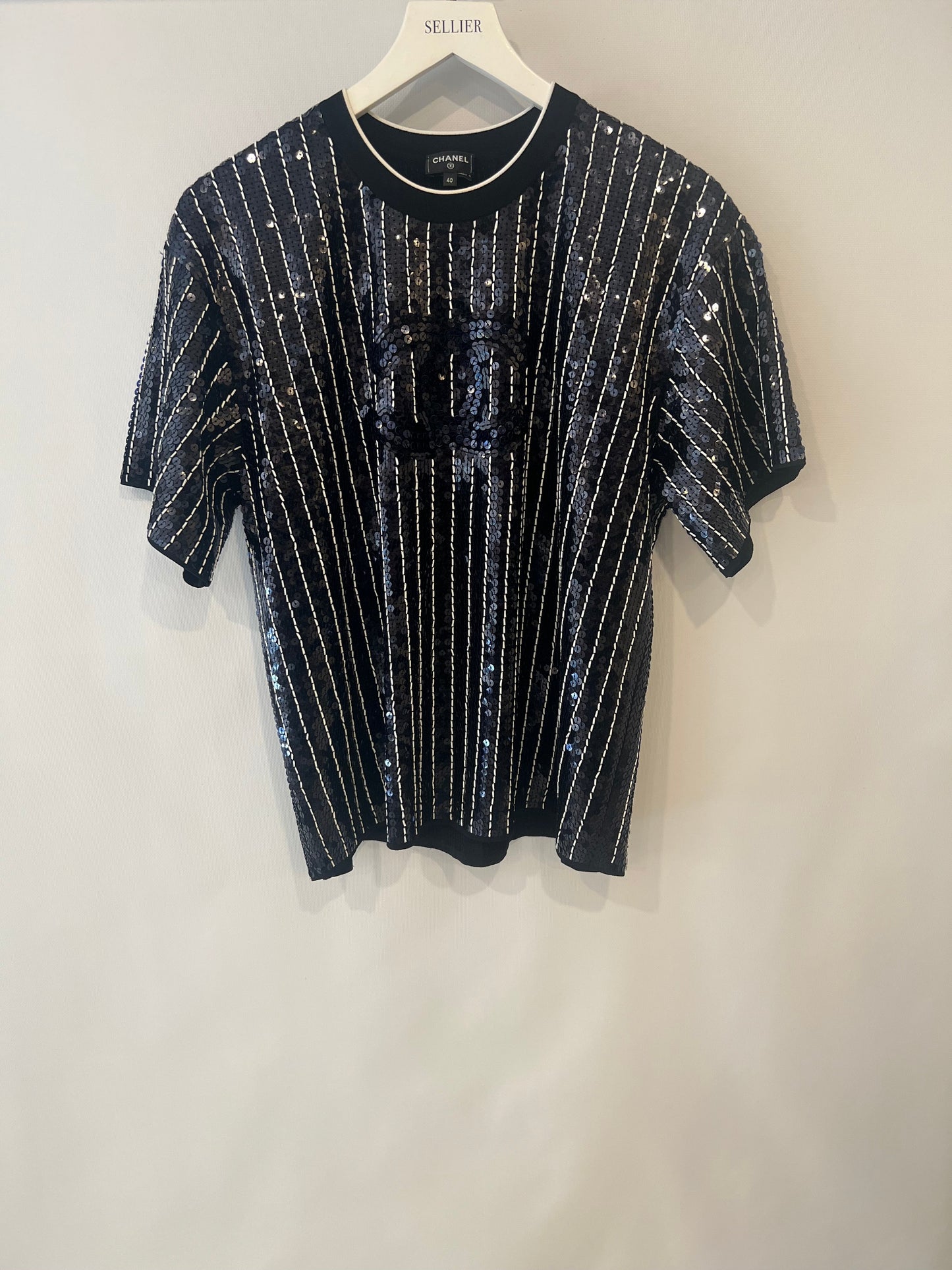 Chanel Spring/Summer 2023 Navy and White Striped Sequins T-Shirt with CC Logo Size FR 40 (UK 12)