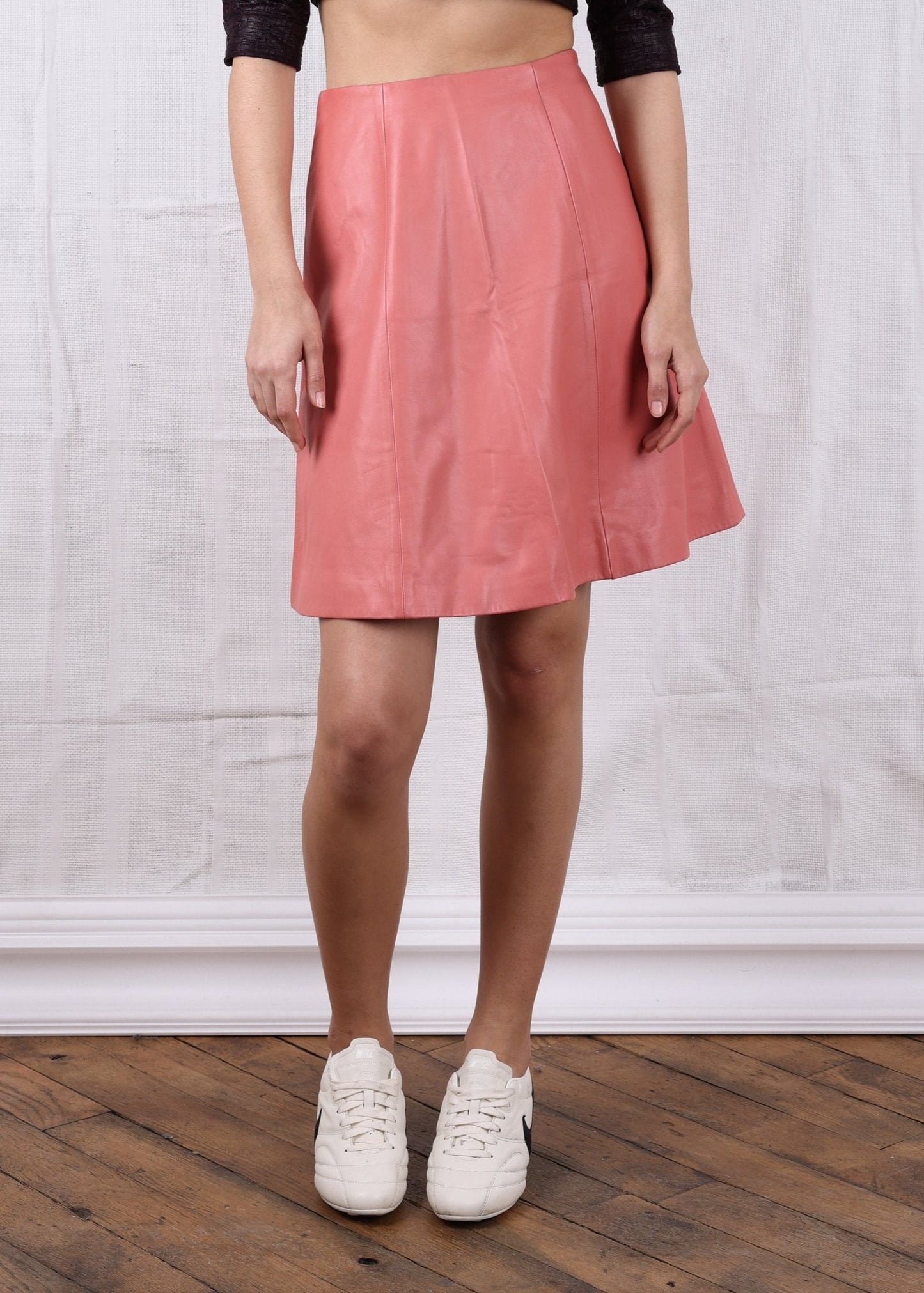 Prada Coral A-lined leather midi skirt