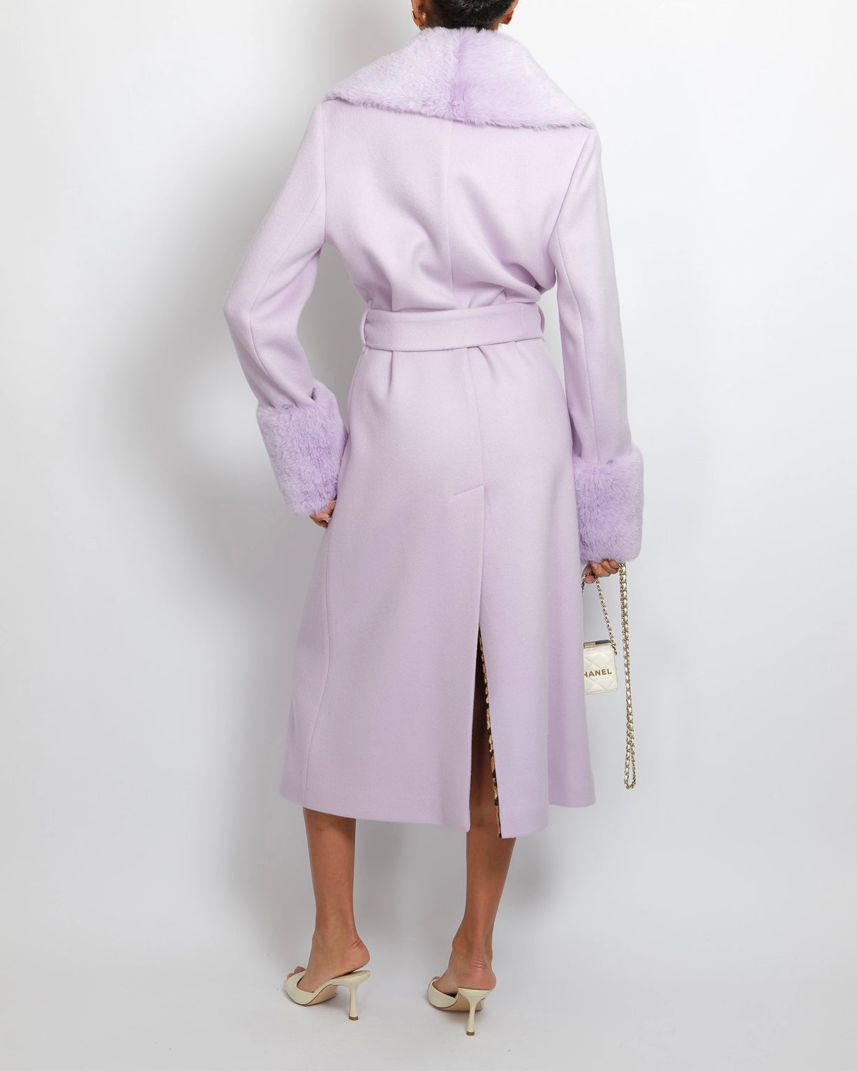 Blumarine Lilac Wool Coat with Detachable Handcuff and Collar Faux Fur Detail IT 42 (UK 10)