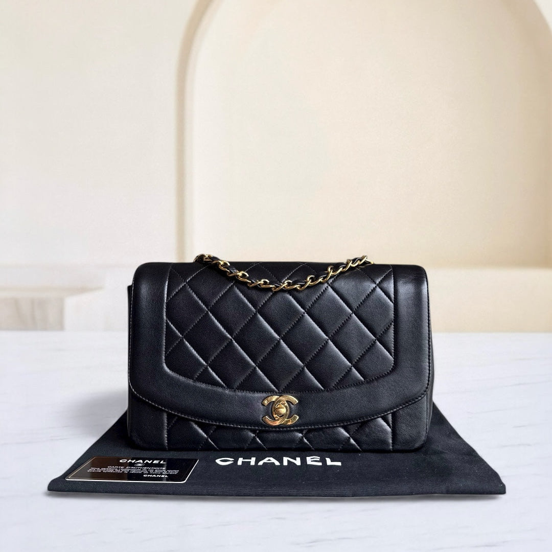 Chanel Diana Medium   - Quilted Lambskin Black Gold Hardware Series 2