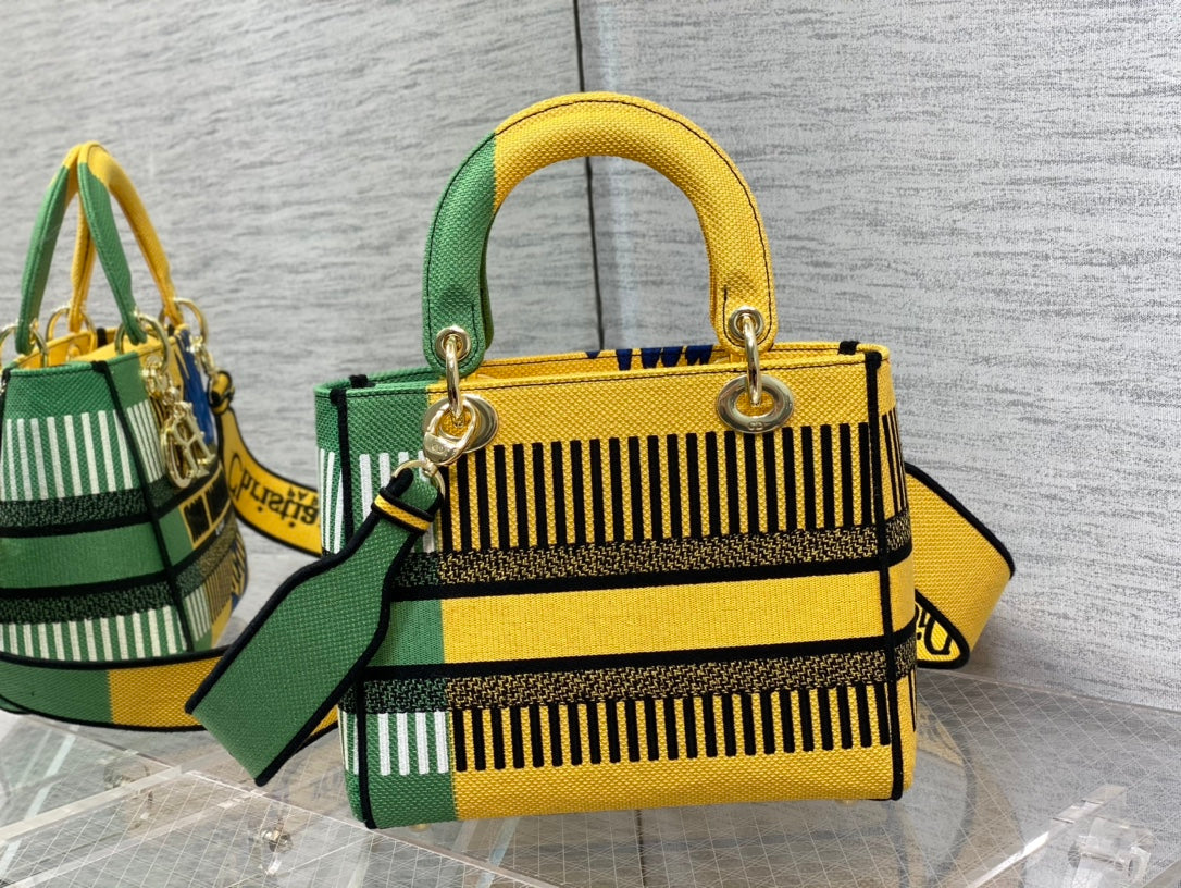 Top Quality MeTop Qualityum Lady D-Lite Bag D-Flower Pop Embroidery, Bright Yellow/Green Handbags, 24cm CD M0565OROO_M886