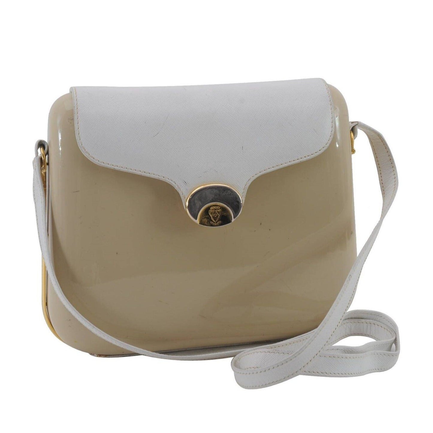 Gucci beige Lucite boxy, hard, clam shell style cross body/shoulder purse with a white leather flap top and gold horse-bit accents