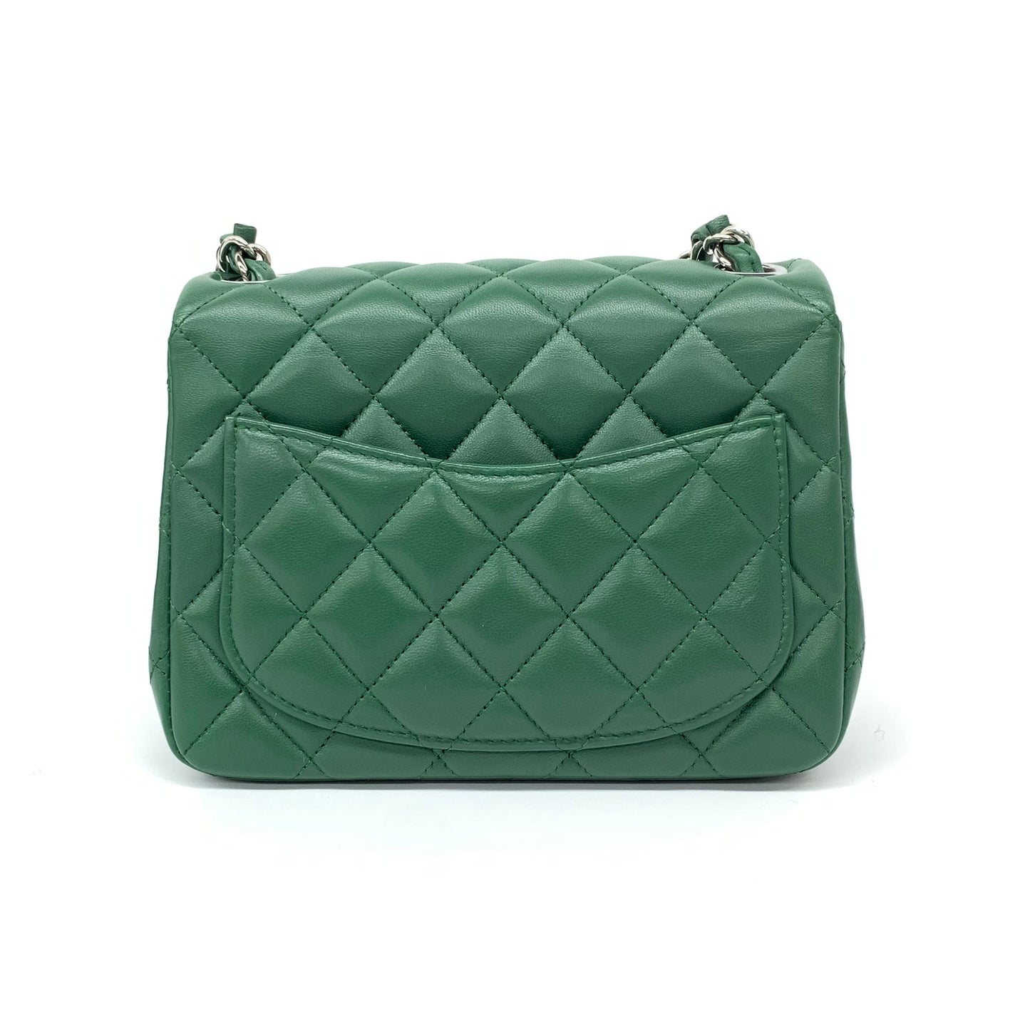 Chanel Classic Flap Mini Square Dark Green Lambskin Crossbody Bag Full Set, 2019