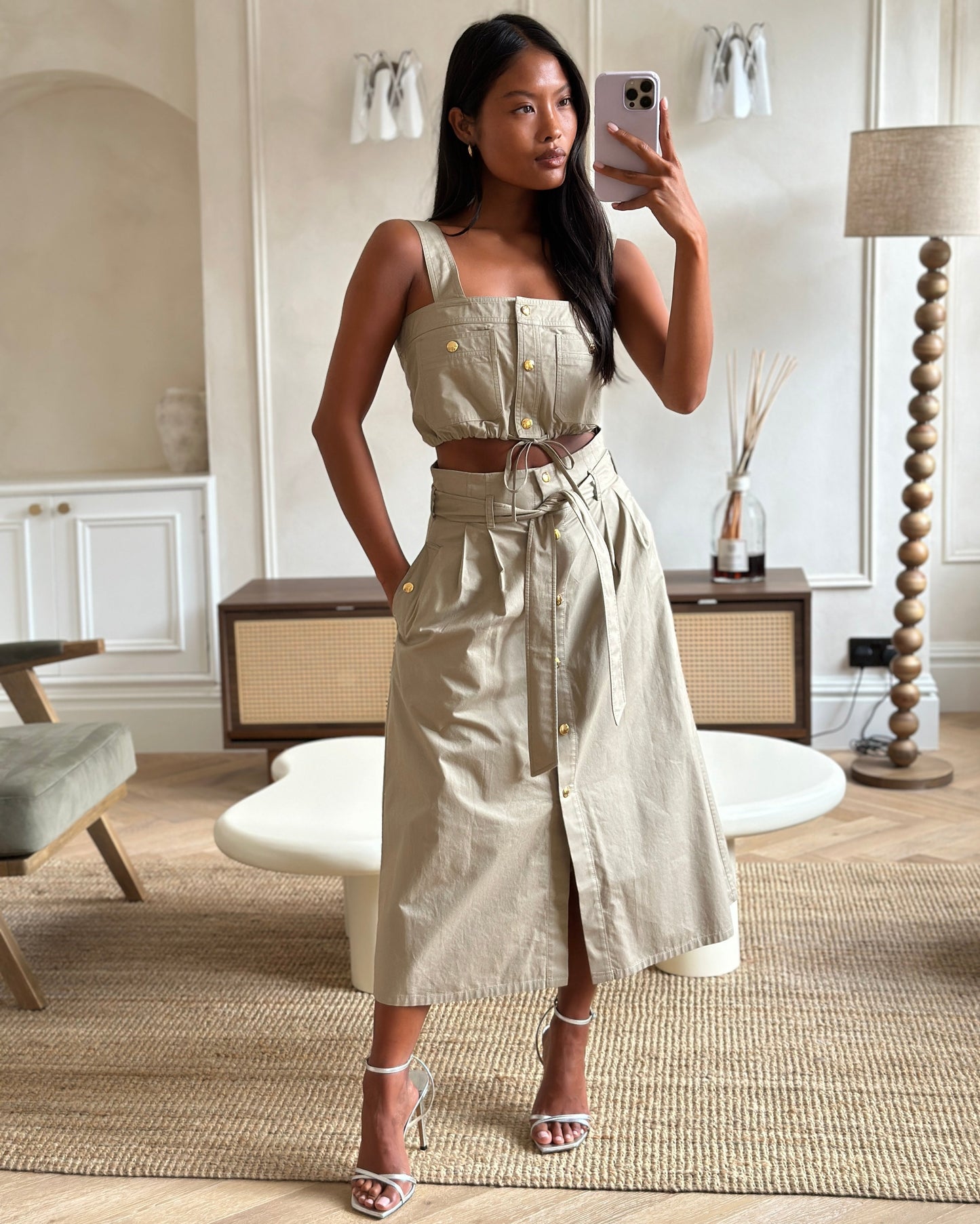 Celine Beige Military Jacket with Matching Top and Skirt Size FR 34/36 (UK 6/8)