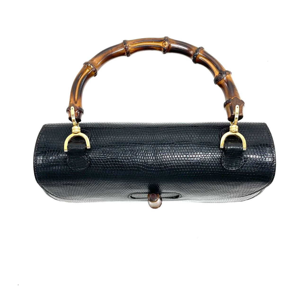 Gucci Bamboo 1947   Rare Lizard-skin Leather Large Black with Strap
