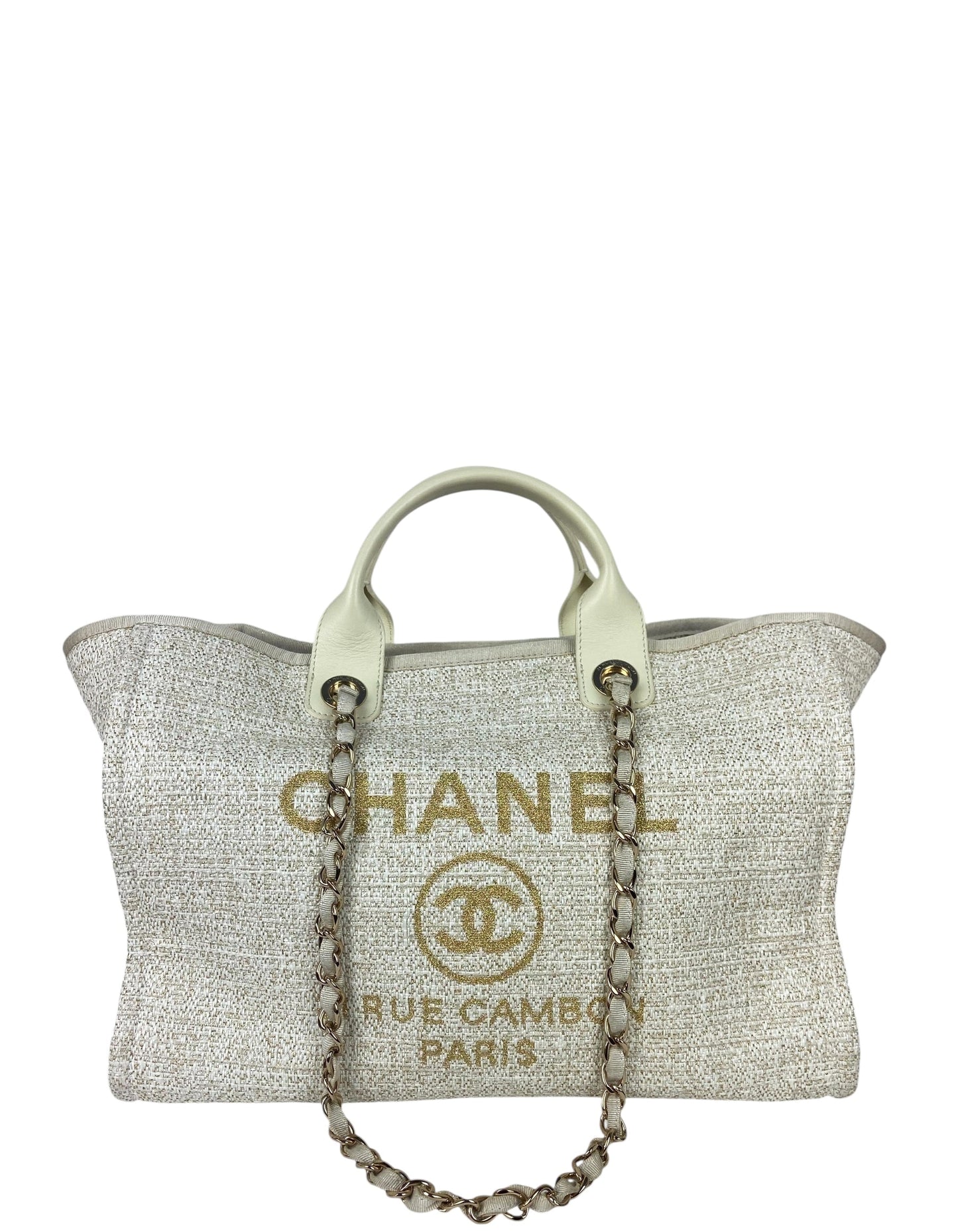 Chanel White/Gold Canvas Medium Deauville Tote