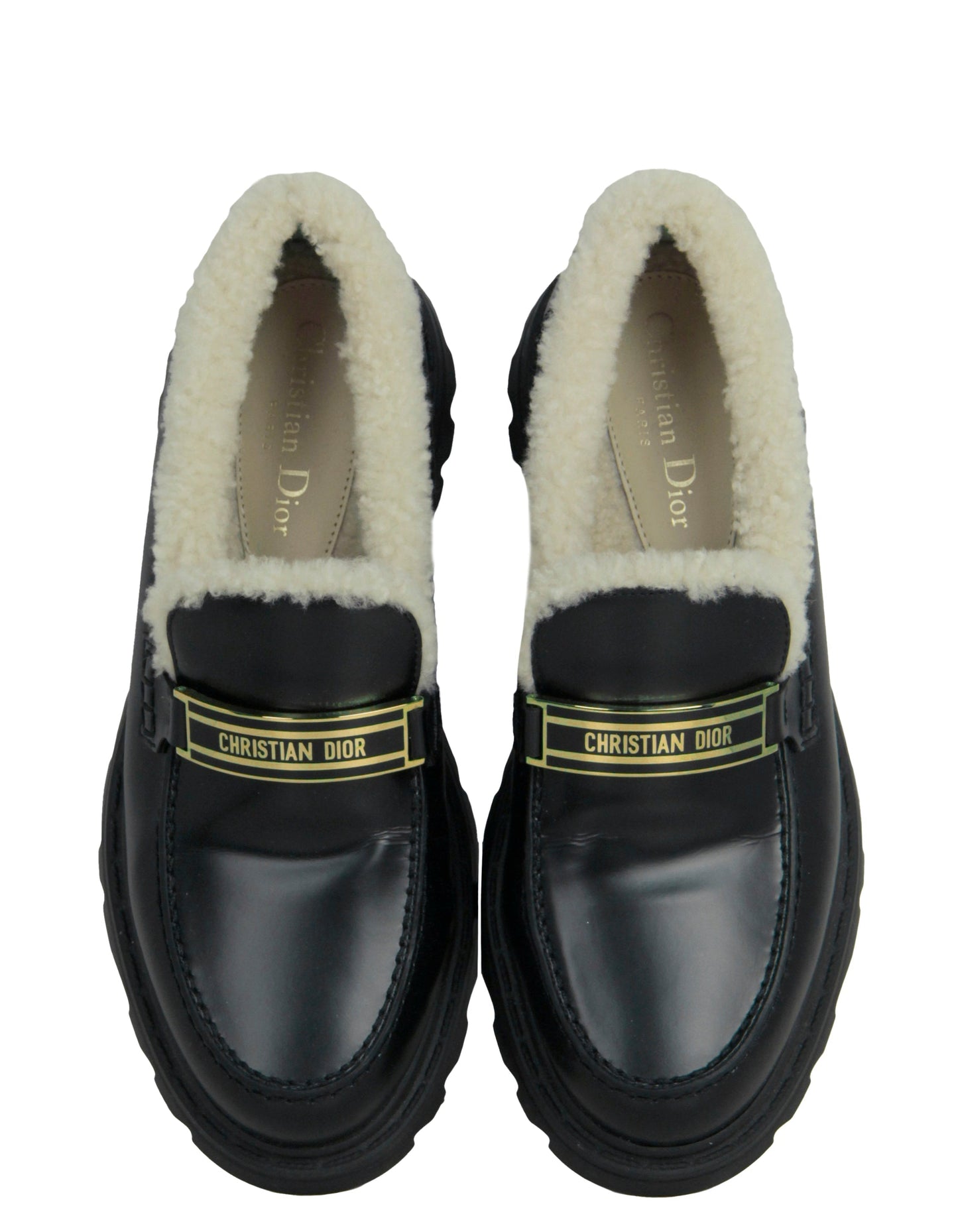 Christian Dior Black Brushed Calfskin & Shearling Dior Code Loafers sz 39.5