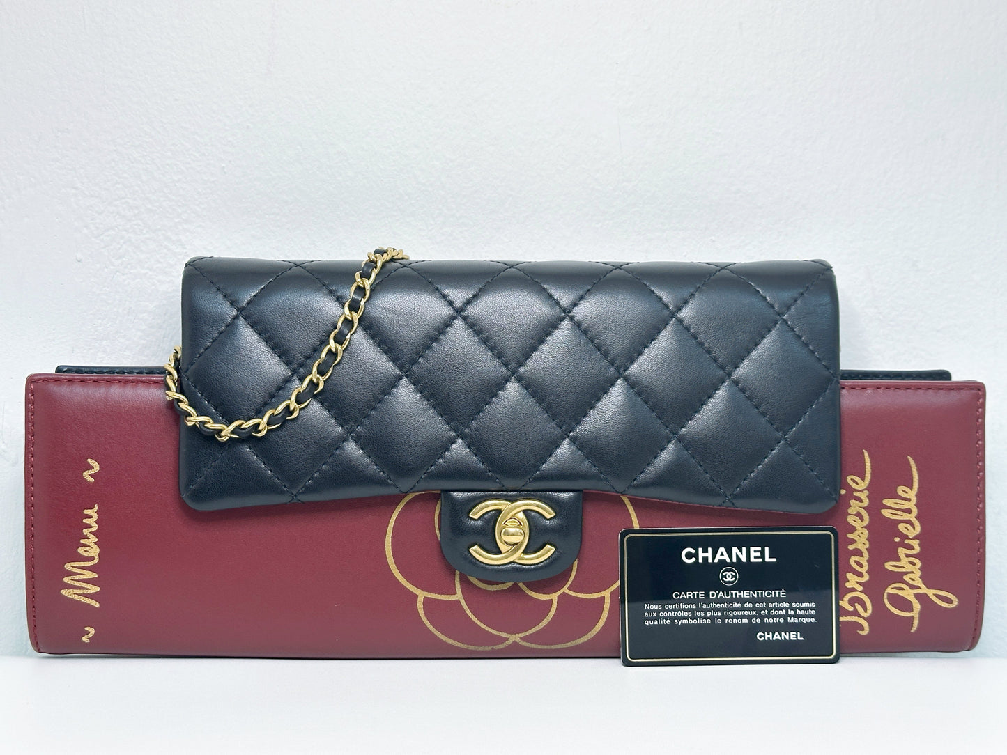 Chanel  Classic Flap Gabrielle Brasserie Menu Clutch Burgundy and Black Lambskin Antique GHW 2163 holo card
