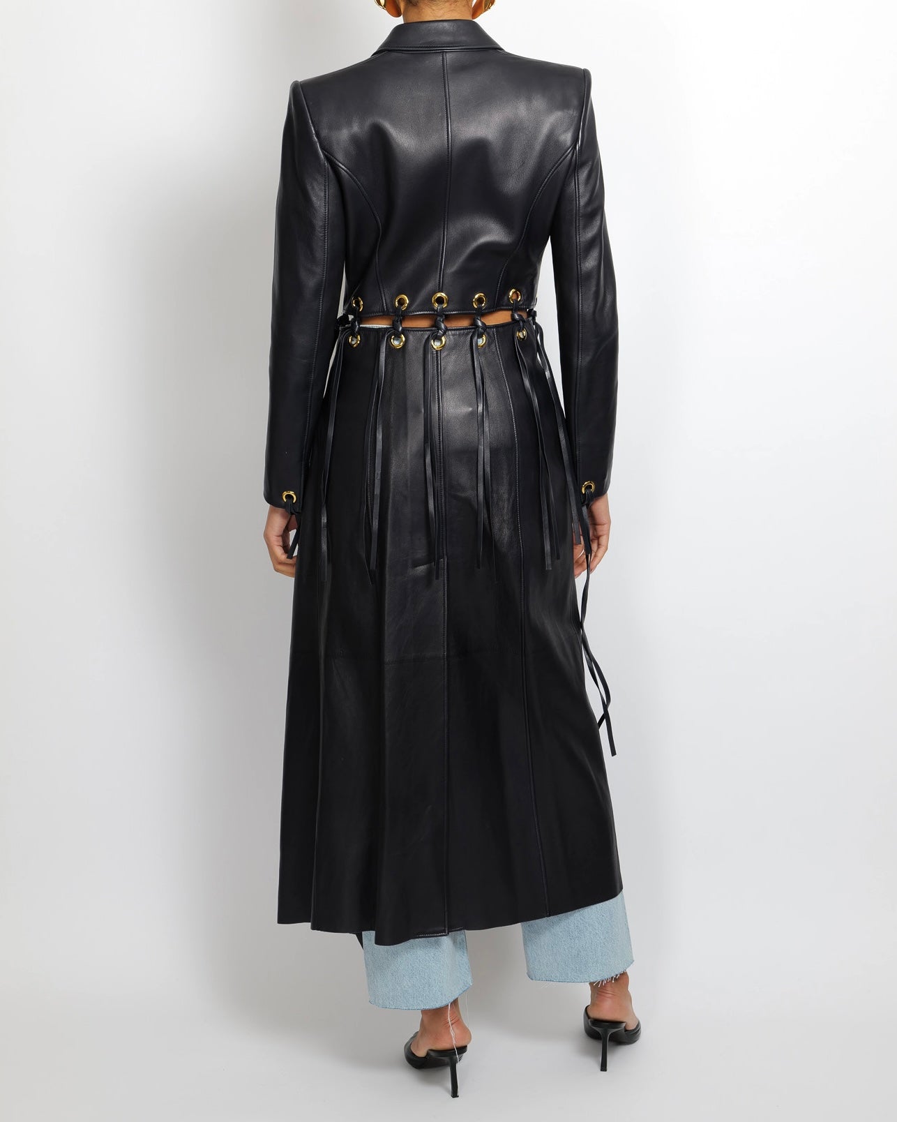 Alexander McQueen Spring 2020 Runway Navy Leather Fringed Trench Coat with Gold Eyelets Details Size IT 38 (UK 6)