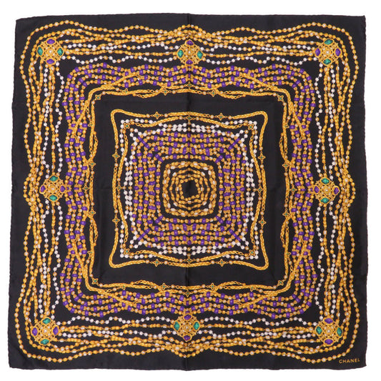 CHANEL scarf silk black Stone necklace motif Women
