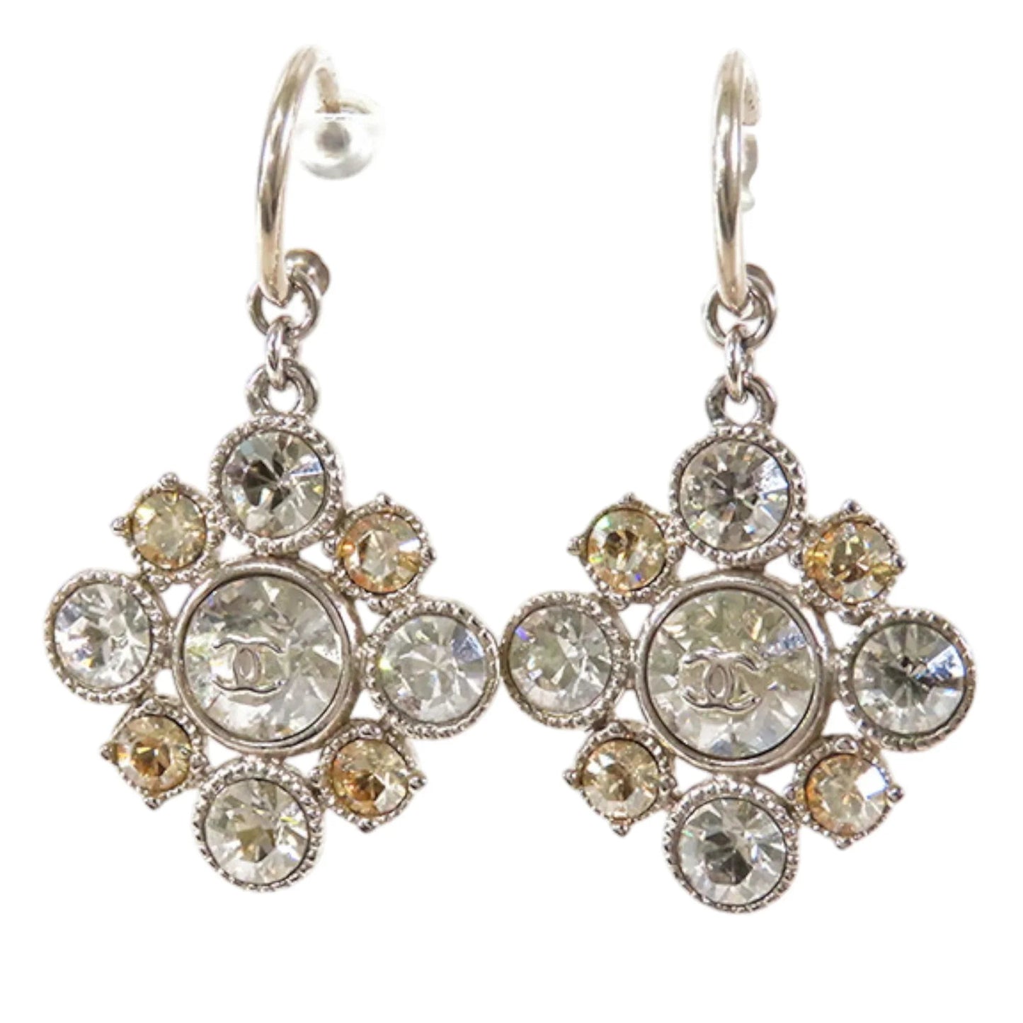 Silver Chanel CC Silver Plated Crystal Dangle Earrings