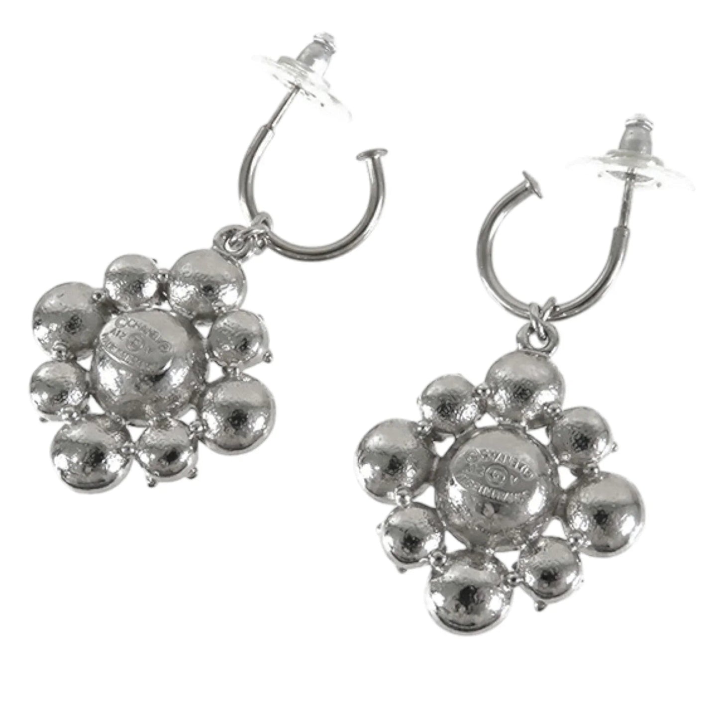 Silver Chanel CC Silver Plated Crystal Dangle Earrings