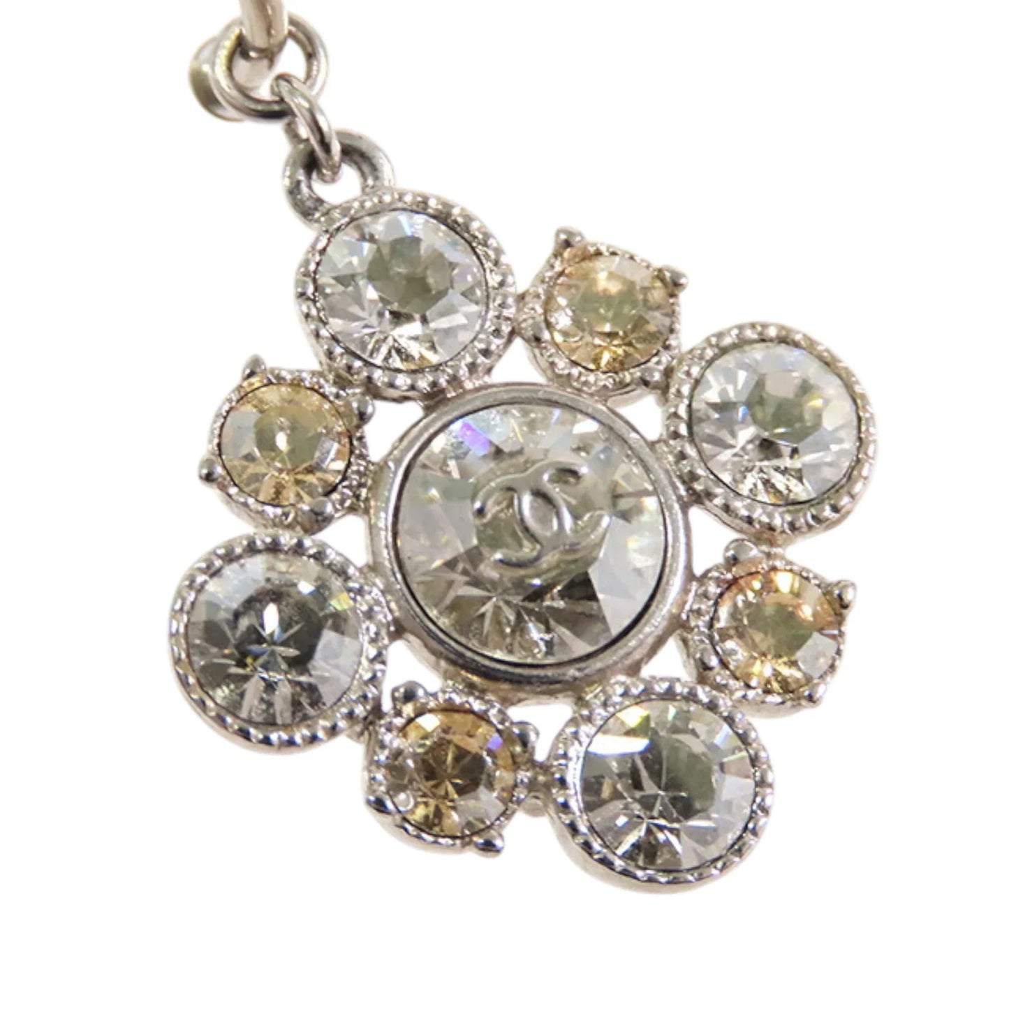 Silver Chanel CC Silver Plated Crystal Dangle Earrings