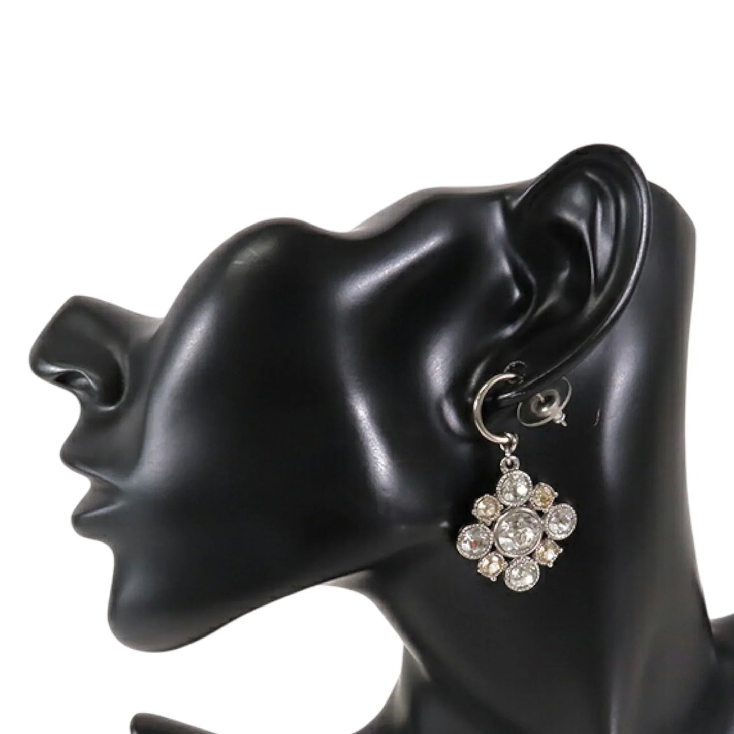Silver Chanel CC Silver Plated Crystal Dangle Earrings