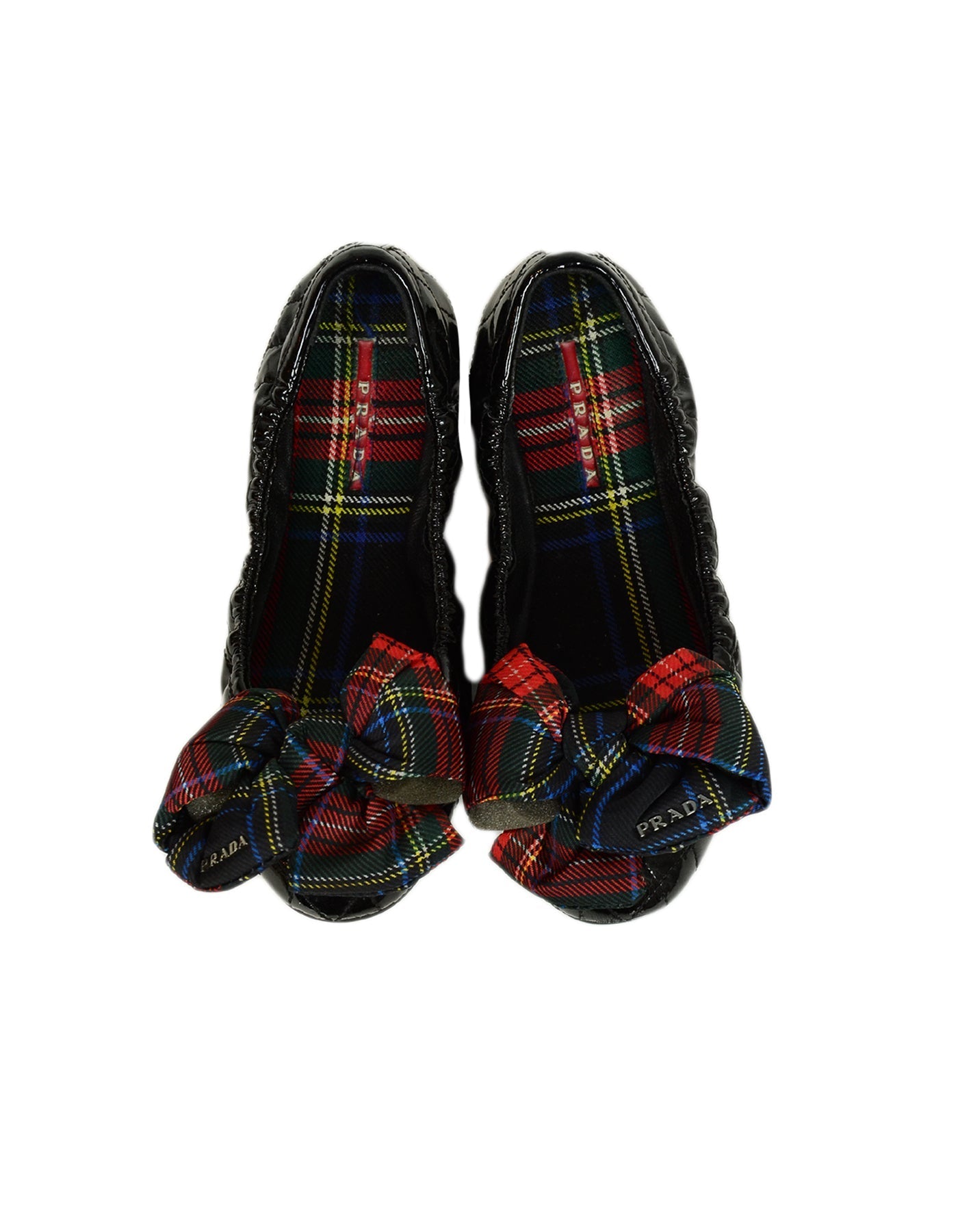 Prada Black Patent Leather Flats with Plaid Bow sz 36.5