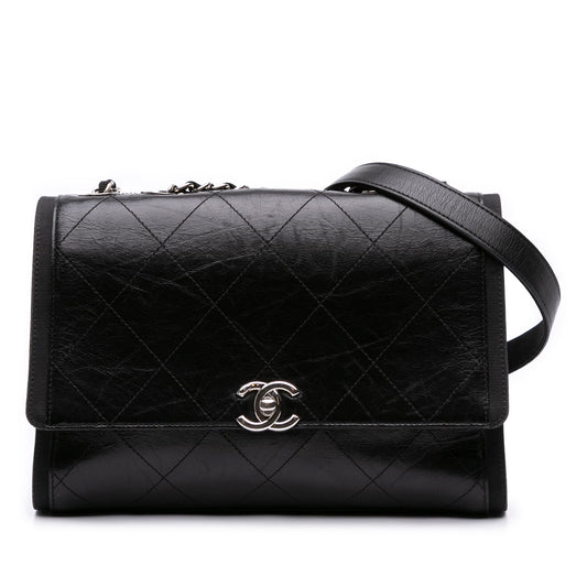 Black Chanel CC Quilted Crumpled Calfskin and Grosgrain Flap Crossbody Bag