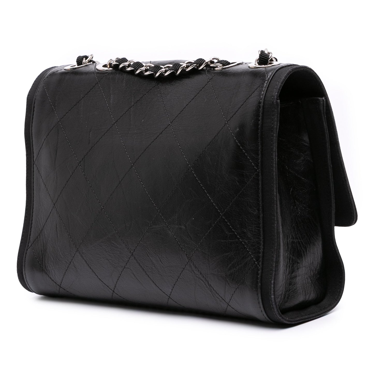 Black Chanel CC Quilted Crumpled Calfskin and Grosgrain Flap Crossbody Bag