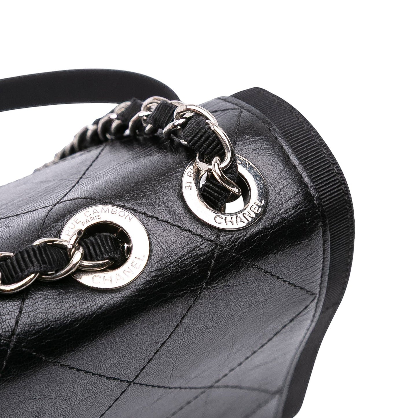 Black Chanel CC Quilted Crumpled Calfskin and Grosgrain Flap Crossbody Bag