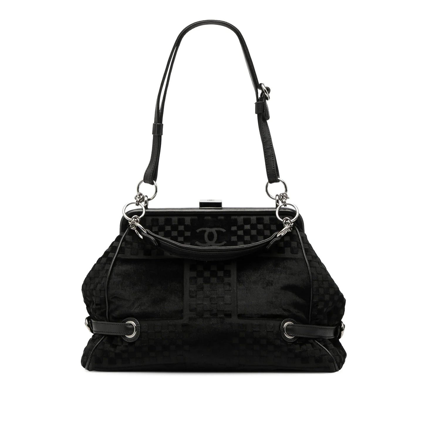 Black Chanel CC Check Embossed Velvet Belted Side Frame Bag