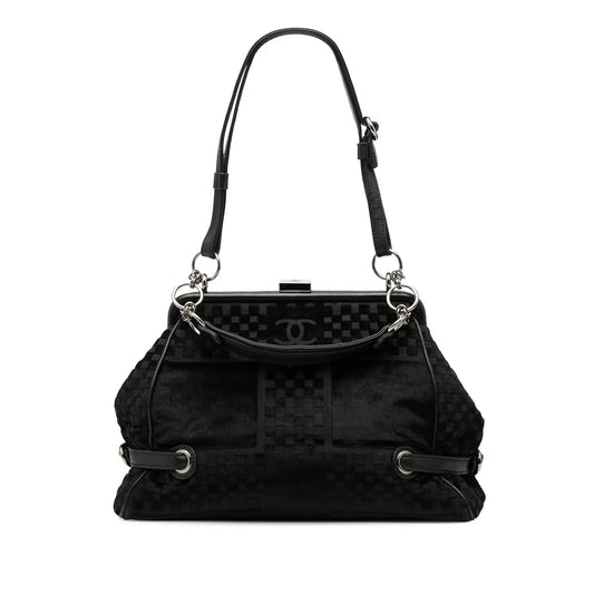 Black Chanel CC Check Embossed Velvet Belted Side Frame Bag