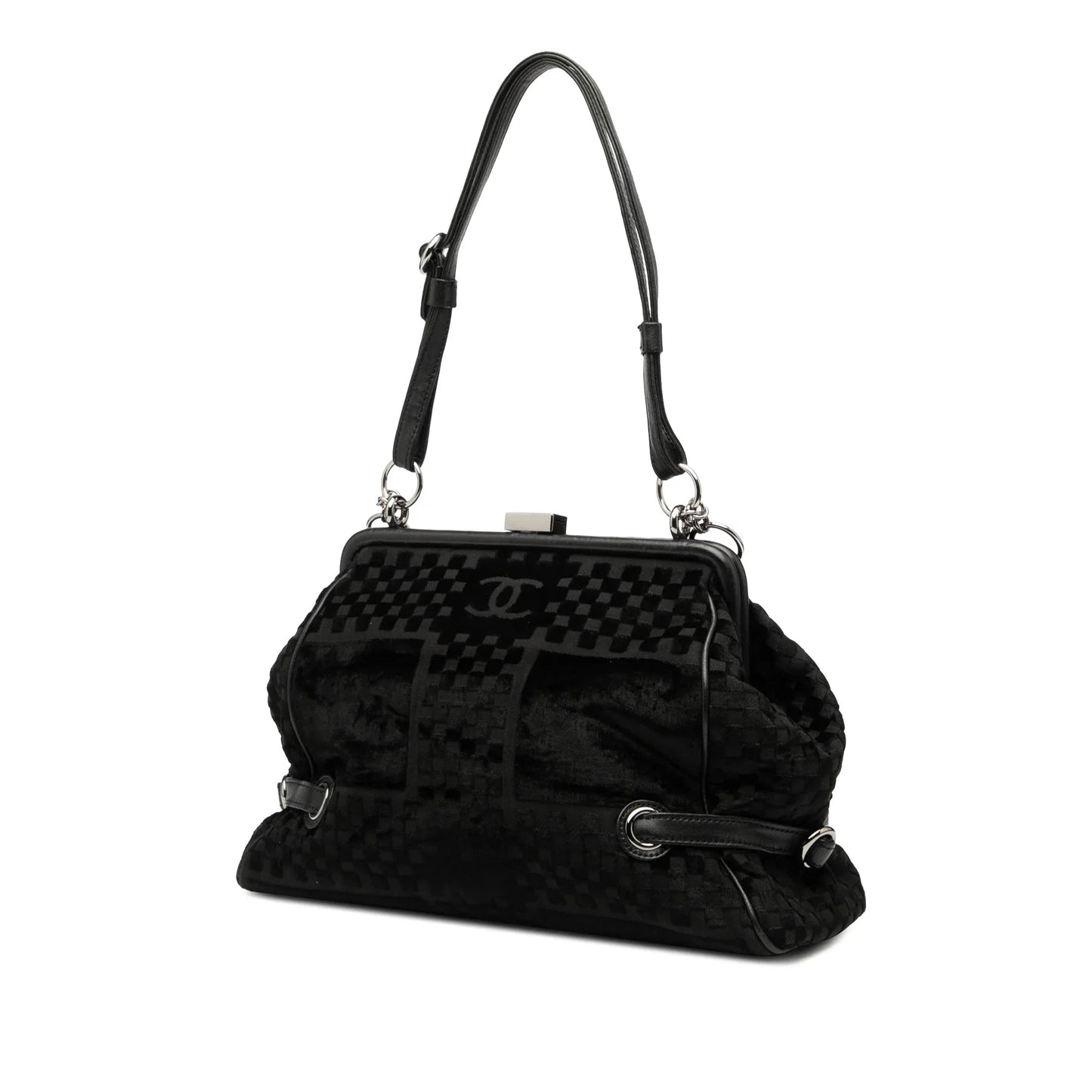 Black Chanel CC Check Embossed Velvet Belted Side Frame Bag
